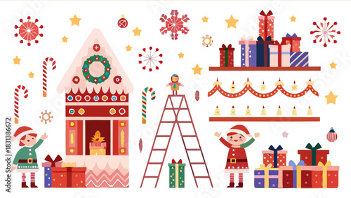Festive christmas scene with gingerbread house elves gifts and decorations in a cheerful holiday setting