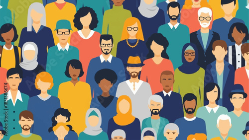 Diverse group of people standing together representing community and global population.