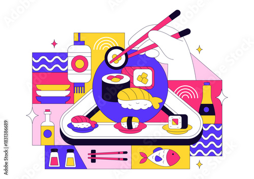 Sushi Bar Vector Illustration Featuring Japanese Asian Food or Restaurant Serving Sashimi, Rice, Soy Sauce, and Wasabi in a Flat Background