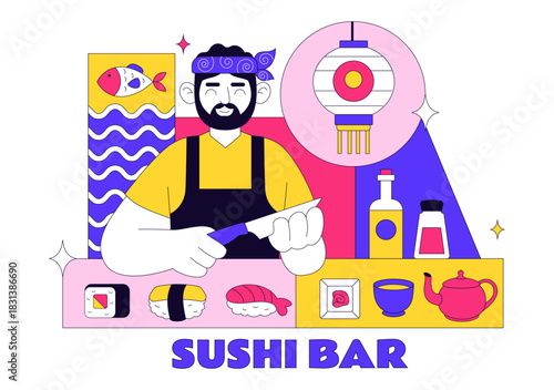 Sushi Bar Vector Illustration Featuring Japanese Asian Food or Restaurant Serving Sashimi, Rice, Soy Sauce, and Wasabi in a Flat Background