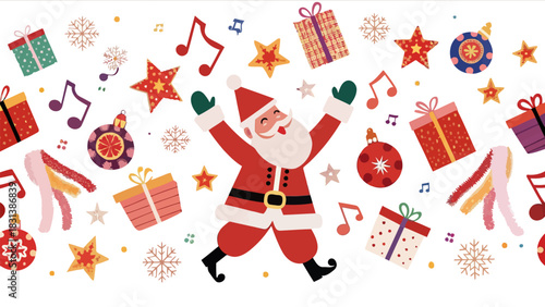 A festive christmas pattern featuring santa claus gifts ornaments snowflakes and musical notes on white background