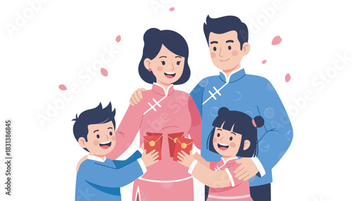 A happy family of four celebrates Chinese New Year, with the children giving red envelopes to their parents, surrounded by falling blossoms.