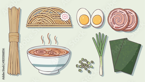 Delicious Japanese ramen bowl with various ingredients and toppings.