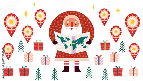 Santa claus holding a world map surrounded by christmas themed icons and gift boxes in a festive scene