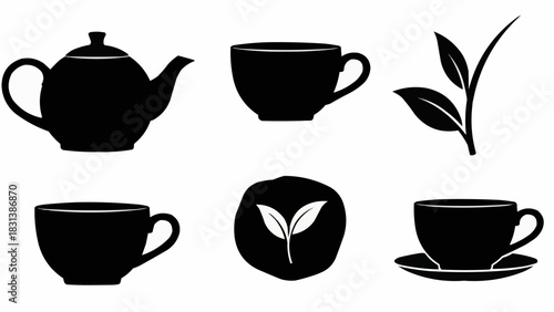 Collection of Tea Related Silhouettes Including Teapots and Cups.