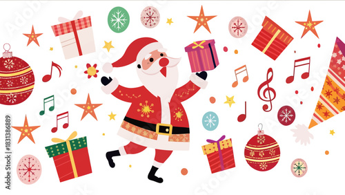 Festive christmas scene with santa claus gifts ornaments music notes and stars scattered around him merrily