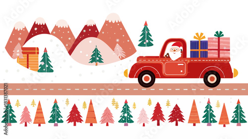 Santa driving red truck with gifts through snowy mountains and christmas trees landscape scene design