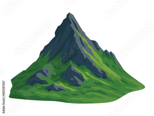 Isolated steep rocky mountain peak with green grass and sharp edges.