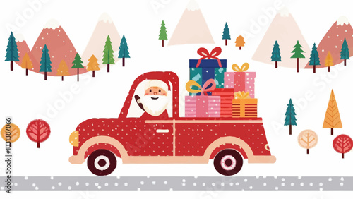 Santa claus driving a red truck full of christmas gifts through a snowy landscape with trees and mountains