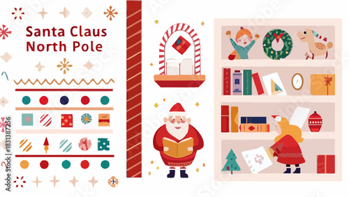 Festive christmas illustration with santa claus bookshelf window and decorative elements in holiday theme