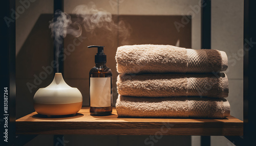 Zen spa composition with aroma diffuser, brown bottle, and stack of soft beige towels on a wooden shelf.