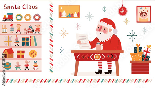 Illustration of santa claus at his desk reading a list with a bookshelf and christmas decorations around