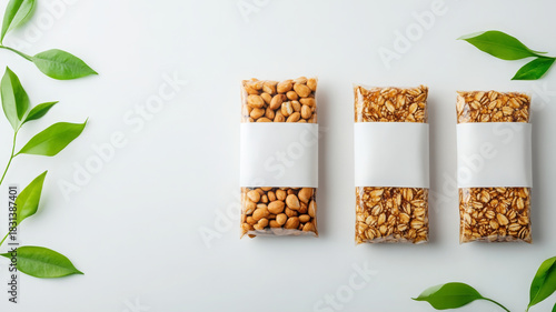 Snack bar mockup with blank label, nut and oat bar, healthy food, eco friendly packaging