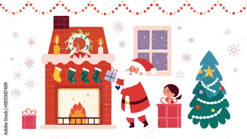 Festive christmas scene with santa claus gifts fireplace tree and child in a present box indoors