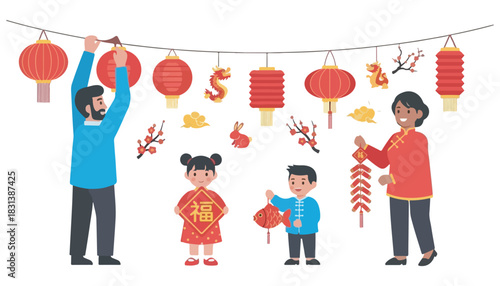 Family celebrating Chinese New Year, hanging lanterns and decorations, including a dragon, plum blossoms, and firecrackers.
