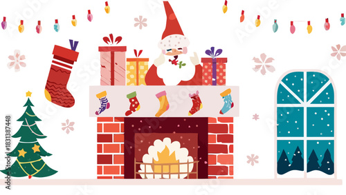Festive christmas scene with santa by fireplace presents tree and window with falling snow design