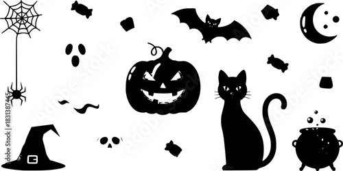 Halloween-themed decorations: A collection of intricate silhouettes of spider, spider web and bat decorations for use during the halloween holiday