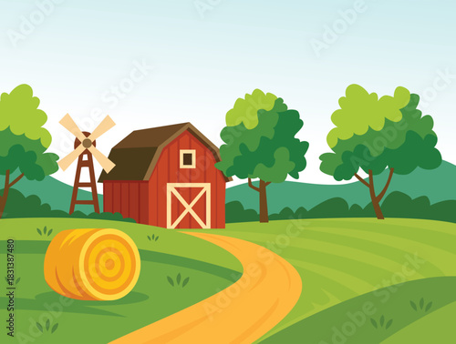 Red barn, hay bale, windmill, and winding path in green field.