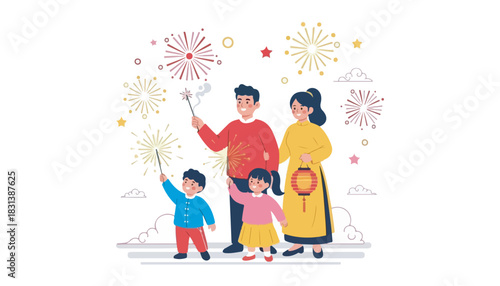 A happy family celebrates a festive occasion with fireworks and sparklers under a vibrant sky.