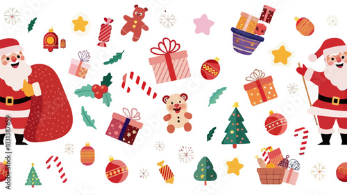 Festive christmas pattern featuring santa claus gifts ornaments and christmas themed elements in a playful style