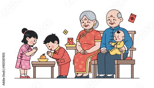 Children greeting grandparents with respect, celebrating a cultural tradition with gifts.
