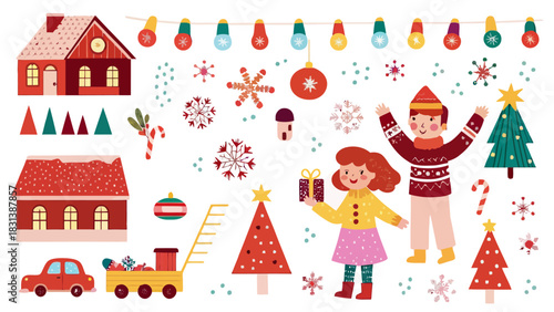 Festive christmas scene with children houses trees snowflakes and string lights in a cheerful arrangement
