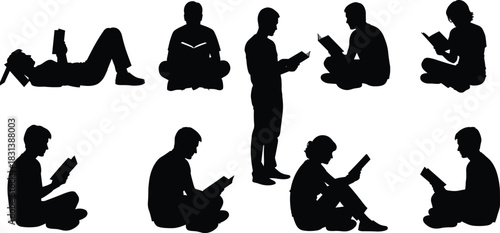 Diverse people silhouettes engaged in reading books, studying, and enjoying quiet time, showing various poses for education and knowledge concepts