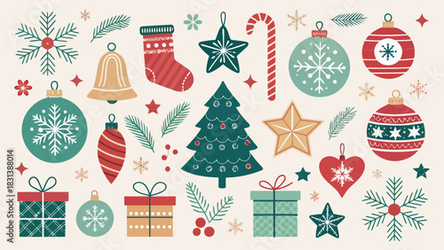 Festive christmas elements including ornaments, gifts, tree and stocking in a flat design style