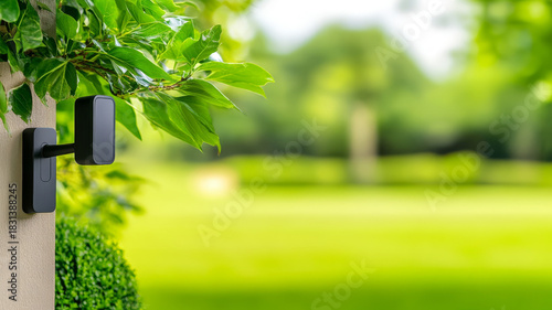 Smart home doorbell mockup on exterior wall with green garden background, modern technology