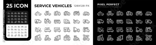 Service vehicles pixel perfect black and white line icons set. Emergency transport, public transit. Construction machinery. Outline iconset. Isolated monochrome illustrations. Editable stroke