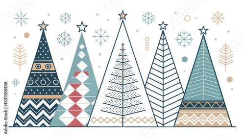 Stylized christmas trees with star toppers and decorative patterns arranged in a festive holiday scene