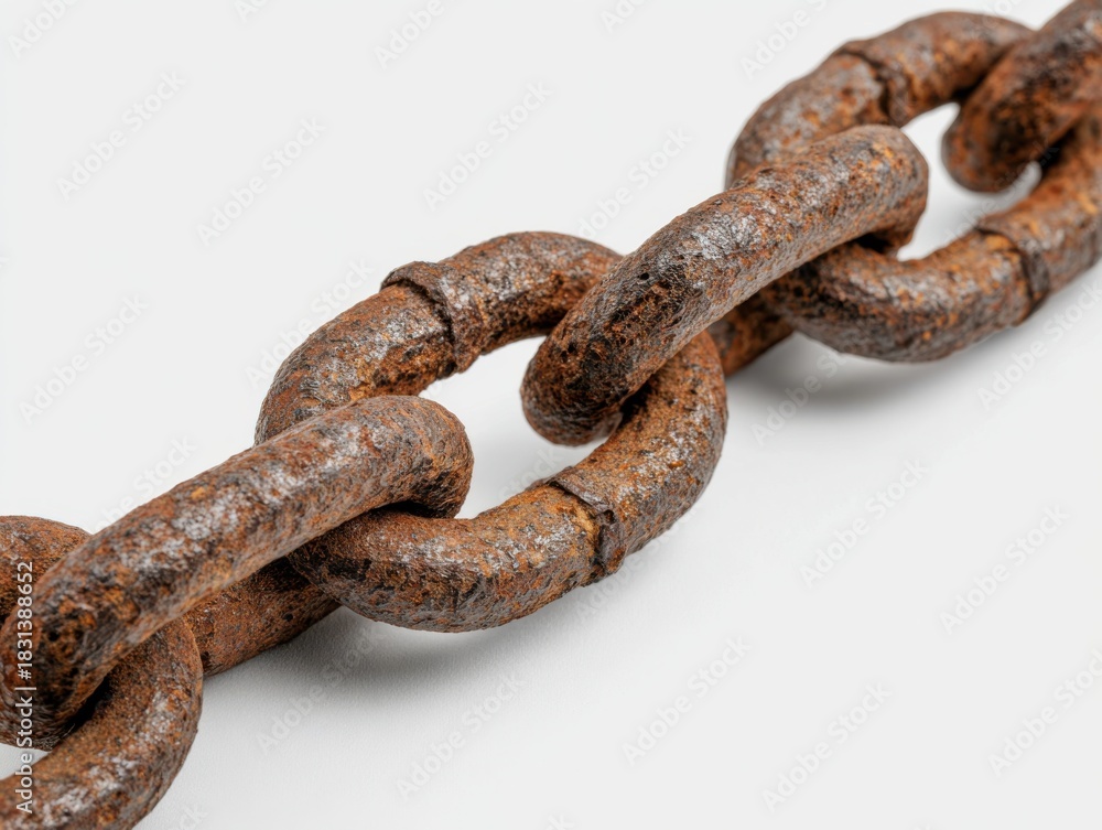 Fototapeta premium Close up view of a heavily rusted metal chain with textured links against a plain background