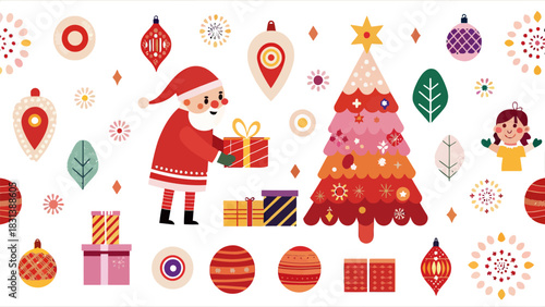Illustration of santa claus with christmas tree ornaments and gifts in a festive scene