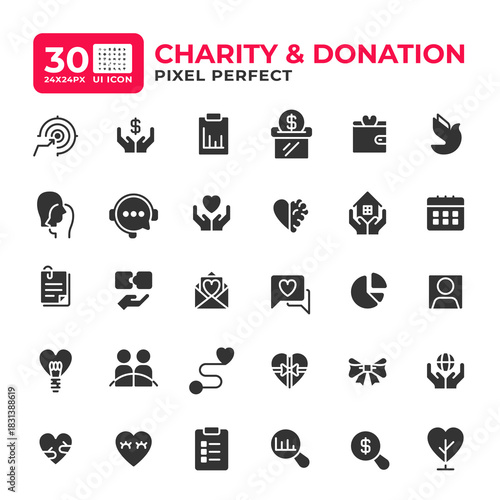 Donation and charity glyph ui icons set. Volunteering activities. Non profit organization work. Black solid symbols vector iconset. User interface flat elements collection, pixel perfect