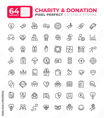 Donation and charity line ui icons set. Voluntarily giving money, goods and time. Act of kindness. Isolated vector outline symbols iconography. User interface elements linear, pixel perfect