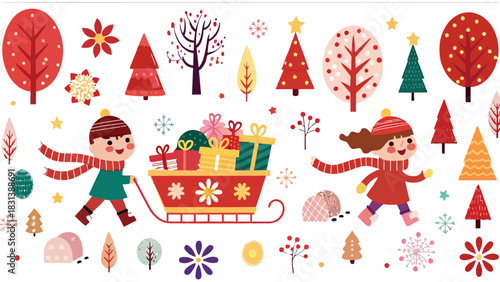 Festive winter scene with children pulling a sleigh full of gifts among christmas trees and snowflakes