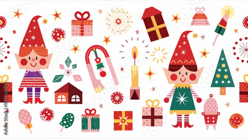 Cute Christmas Elves and Festive Holiday Decorations
