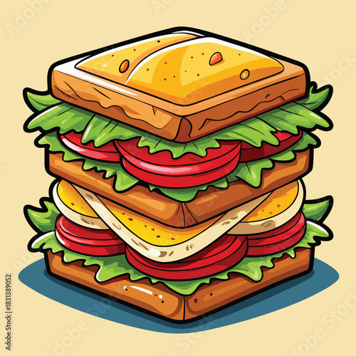 A richly detailed club sandwich stacked with multiple layers of lettuce, tomato, cheese, and deli meats illustrated in a vibrant style