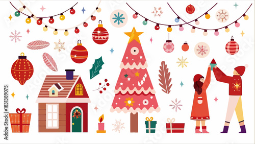 Illustration of christmas decorations with house, tree, gifts, and people decorating tree