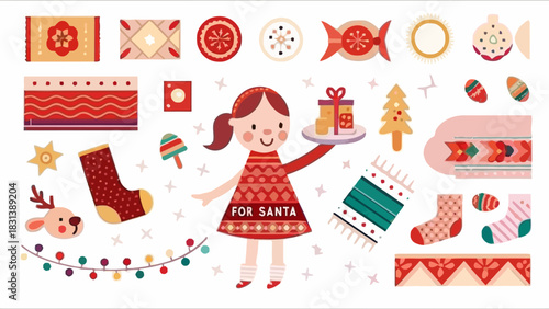Illustration of christmas themed items with a girl holding a tray for santa message on dress