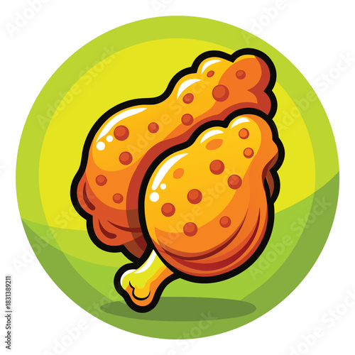 A crispy and golden illustration of fried chicken drumsticks with textured breading shown in a bright, appetizing style