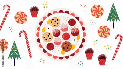 Festive holiday treats arrangement featuring candy canes, cookies, cupcakes, and a christmas tree