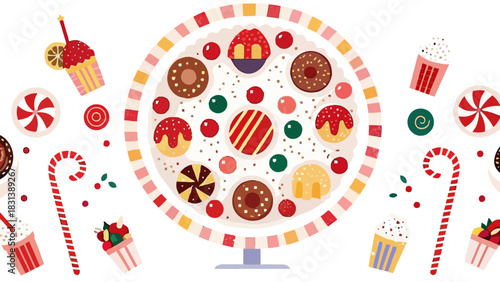 A delightful assortment of candies and sweets arranged on a decorated cake stand with colorful accents