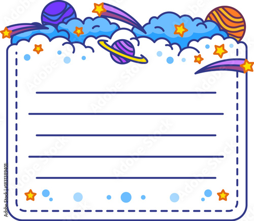 Space shooting stars and sky kids memo note template. Blue sky to do list label, space galaxy scrapbook vector sticker. Universe kids diary memo note or frame with planets, falling stars or comets