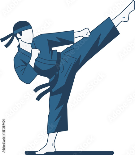 Vector illustration of a martial arts practitioner delivering a powerful high side kick. Perfect for dojo promotions, sports graphics, fitness, self-defense, and combat training designs.