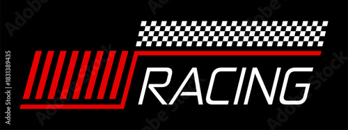 Race car, motocross motorsport sticker or symbol. Speed drive championship sticker, car race competition decal vector patch. Rally racing motorsport emblem tag with checkered pattern and typography