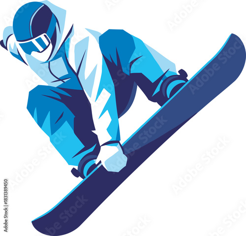 Dynamic vector illustration of a snowboarder in mid-air, executing a trick with speed and style. Perfect for winter sports, action, extreme sports, and athletic activity designs. Cool blue color.
