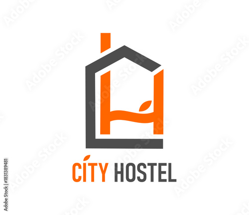 Hostel motel business abstract icon or badge. Resort rental accommodation emblem, hotel graphic vector symbol. Travel hostel business sign or motel company icon with bed, building and typography