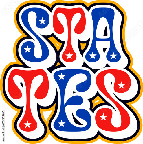 United States of America vintage Y2K sticker or tag. USA travel souvenir vintage vector label, American culture sticker. US country national flag colors patch with stars on abstract typography