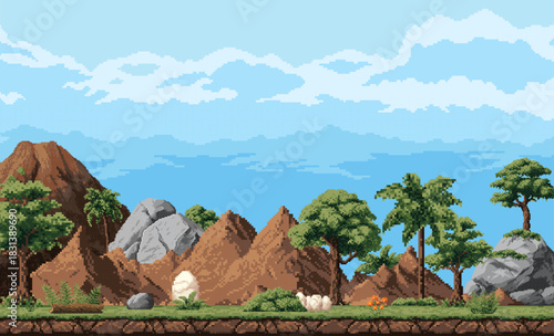 8 bit pixel art game background with prehistoric dino egg. Retro arcade 2d videogame, 8bit pixel vector landscape background with mountains, rocky hills, trees, blue sky and dinosaurs eggs